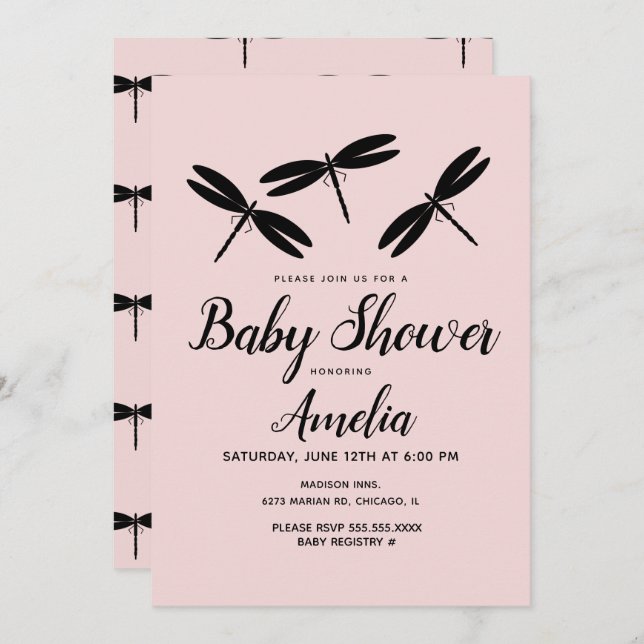Invitación de Baby Shower rosada a los dragaminas  (Anverso / Reverso)