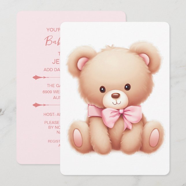 Invitación de Baby Shower rosada a Teddy Bear (Anverso / Reverso)