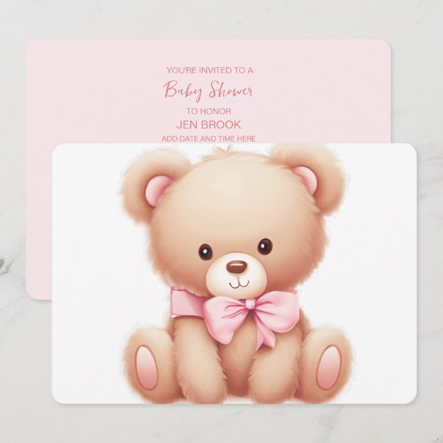 Invitación de Baby Shower rosada a Teddy Bear (Anverso / Reverso)