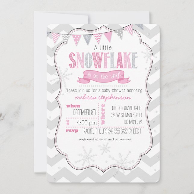 Invitación de Baby Shower rosada a un pequeño copo (Anverso)