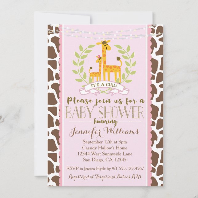 Invitación de Baby Shower rosada Chica de Giraffe (Anverso)