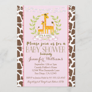 Invitación de Baby Shower rosada Chica de Giraffe