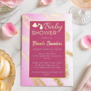 Invitación de Baby Shower rosada con Relieve metal