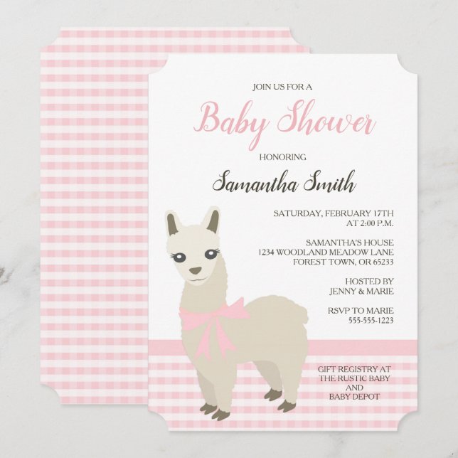 Invitación de Baby Shower rosada de Alpaca (Anverso / Reverso)