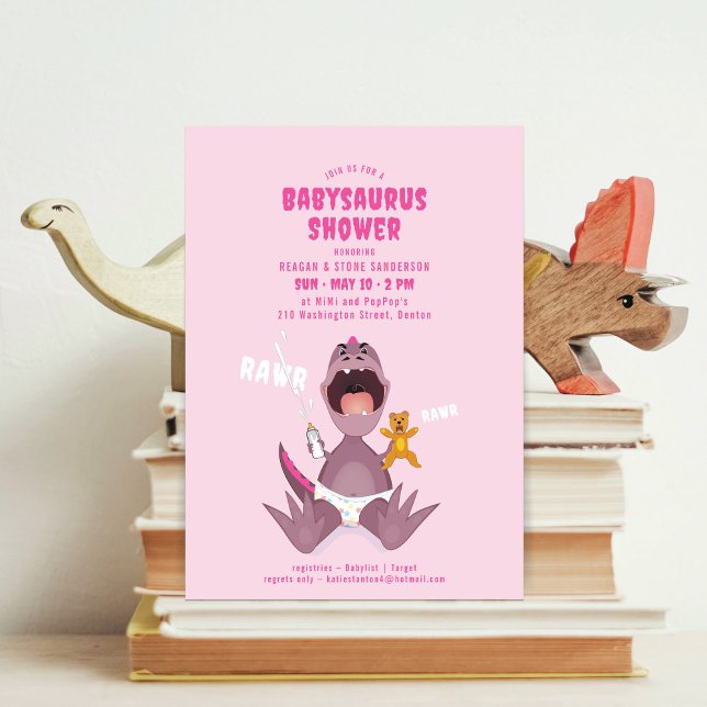 Invitación de Baby Shower rosada de Babysaurus T-r (Subido por el creador)