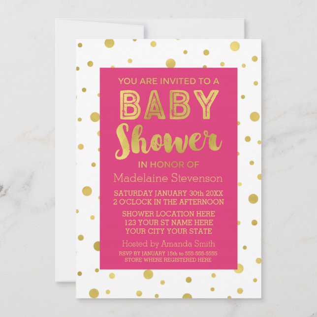 Invitación de Baby Shower rosada de Gold Confetti  (Reverso)