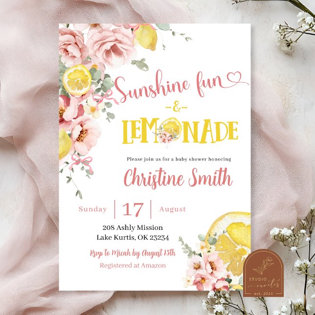 Invitación de Baby Shower rosada de Lemonade y Bow (Subido por el creador)