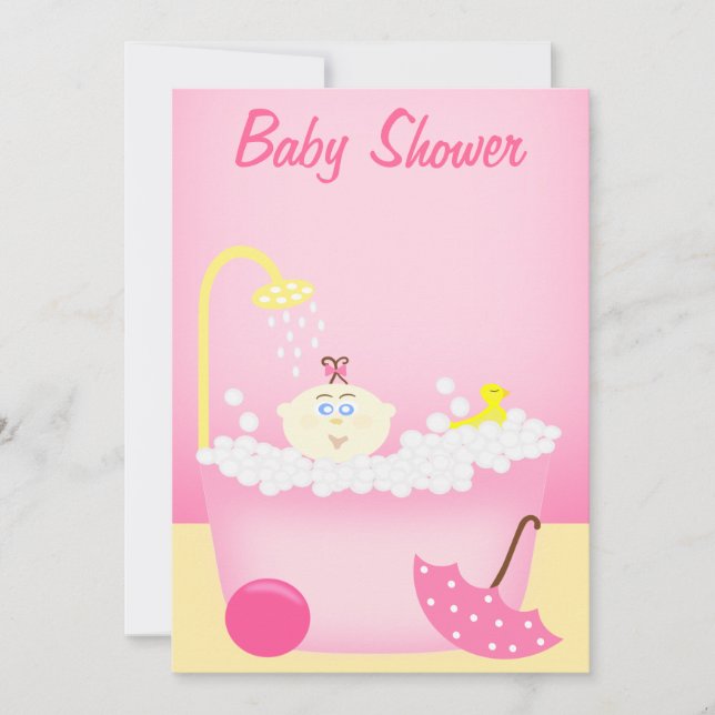 Invitación de Baby Shower rosada en una bañera de  (Anverso)