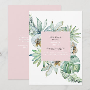 Invitación de Baby Shower rosada para follaje trop