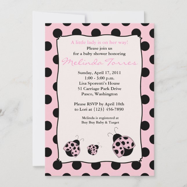 Invitación de Baby Shower rosada Posh Mod Ladybug  (Anverso)