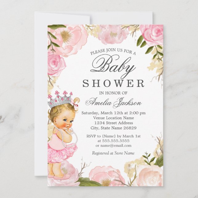Invitación de Baby Shower Rose Baby Princess Es un (Anverso)