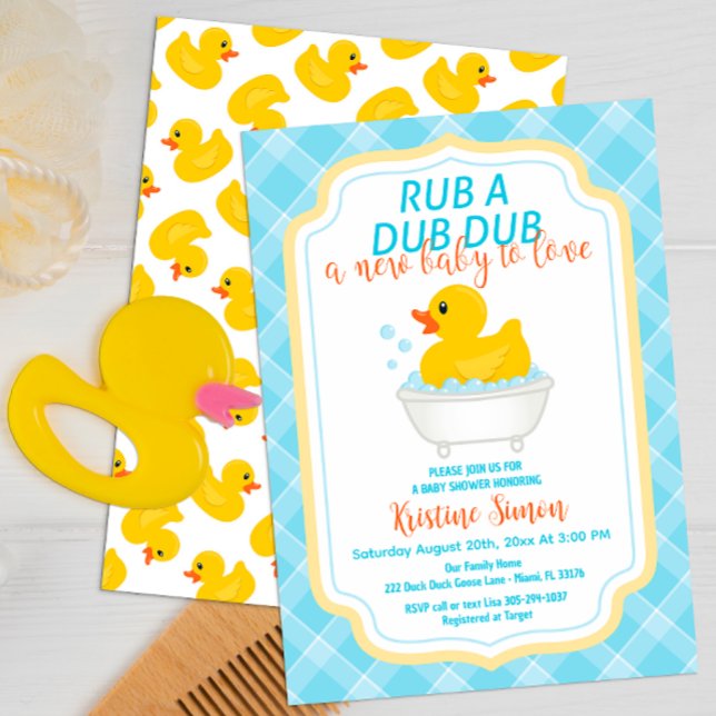 Invitación de Baby Shower Rub-A-Dub Rubber Duck -  (script typography rubber duck fun baby shower invitation)
