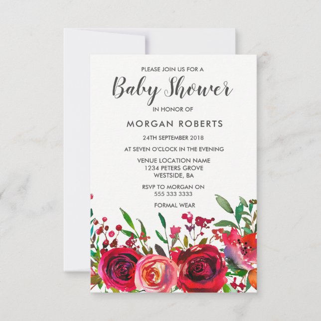 Invitación de Baby Shower Ruby Red Rose (Anverso)