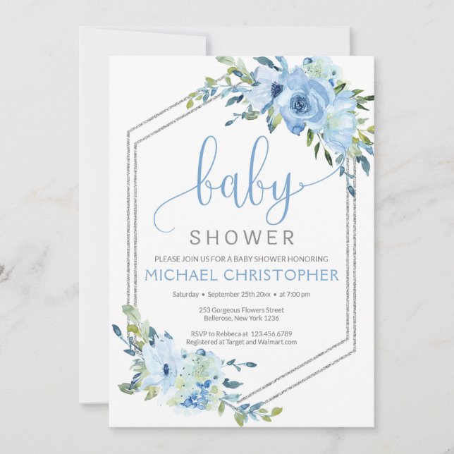 Invitación de Baby Shower Rustic Blue Floral Boy (Anverso)