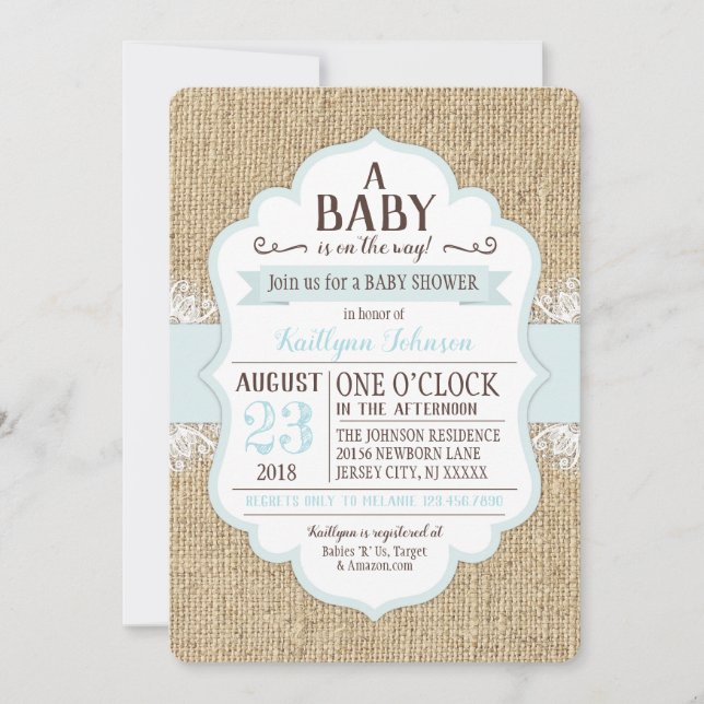 Invitación de Baby Shower Rustic Burlap Lace Blue (Anverso)