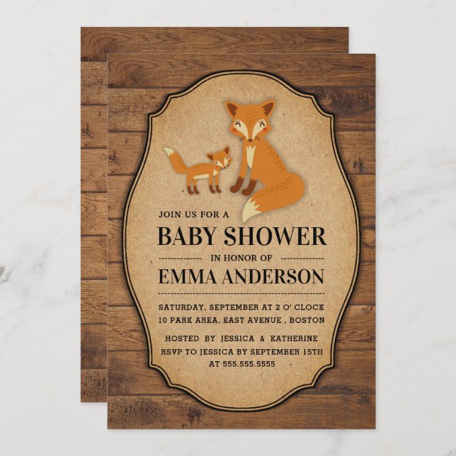 Invitación de Baby Shower Rustic Country Wood Fox (Anverso / Reverso)