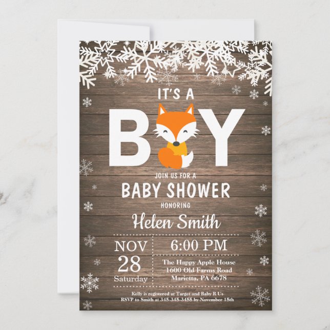 Invitación de Baby Shower Rustic Fox Winter Boy (Anverso)