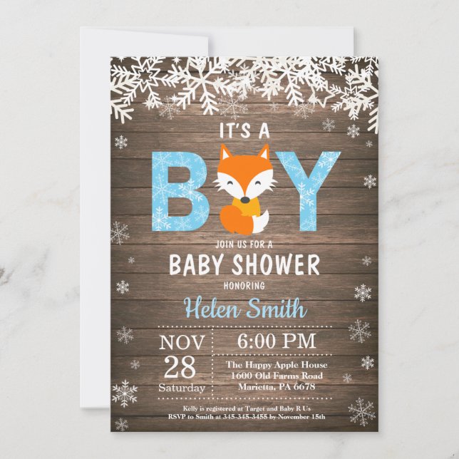 Invitación de Baby Shower Rustic Fox Winter Boy (Anverso)