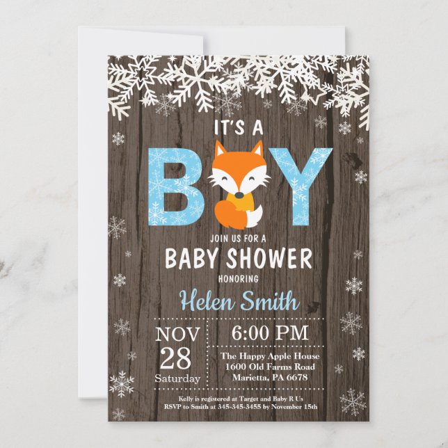 Invitación de Baby Shower Rustic Fox Winter Boy (Anverso)