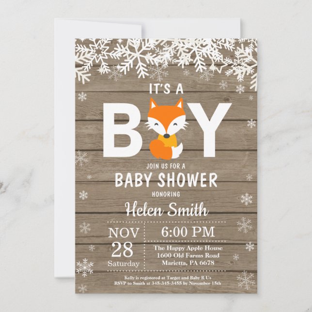Invitación de Baby Shower Rustic Fox Winter Boy (Anverso)