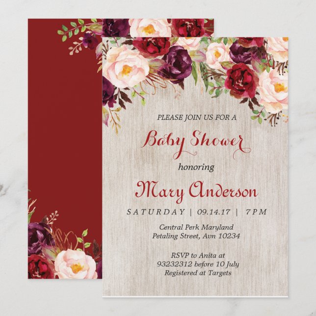 Invitación de Baby Shower Rustic Red Marsala (Anverso / Reverso)
