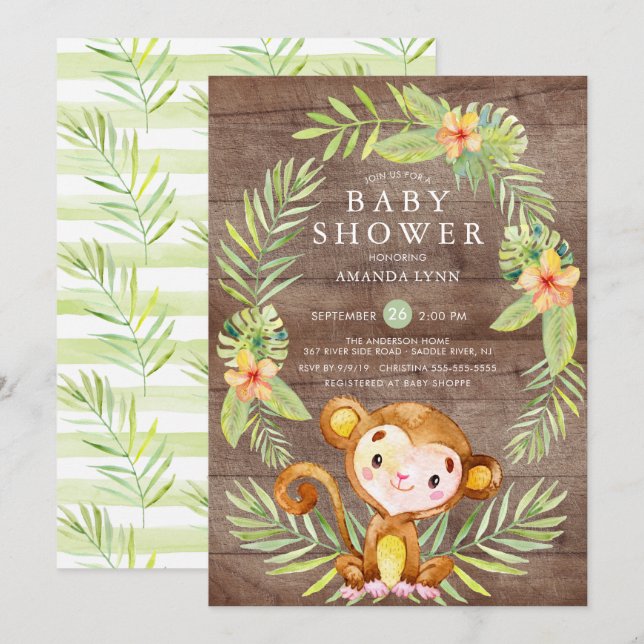 Invitación de Baby Shower Rustic Sweet Monkey Boy (Anverso / Reverso)
