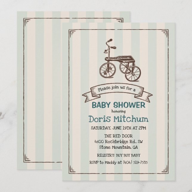 Invitación de Baby Shower Rustic Vintage Tricycle  (Anverso / Reverso)