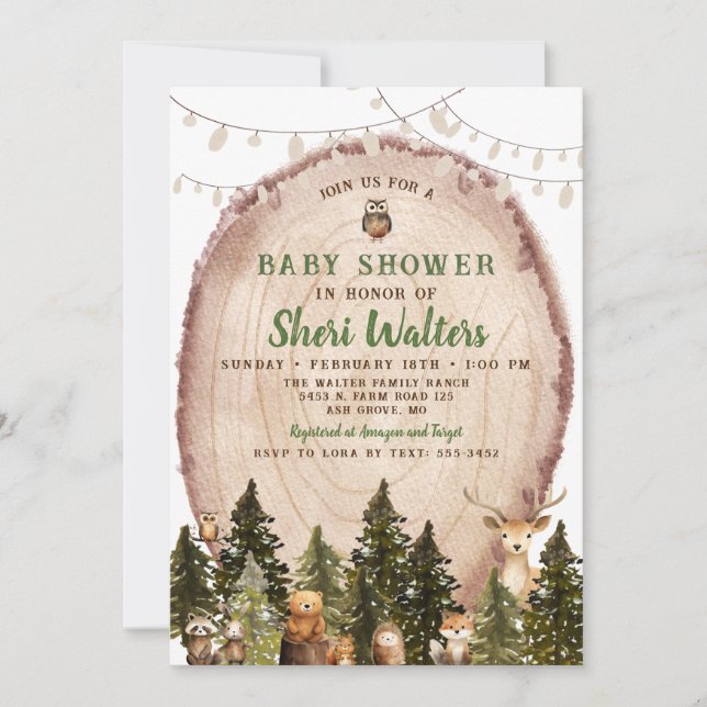 Invitación de Baby Shower Rustic Watercolor Woodla (Anverso)
