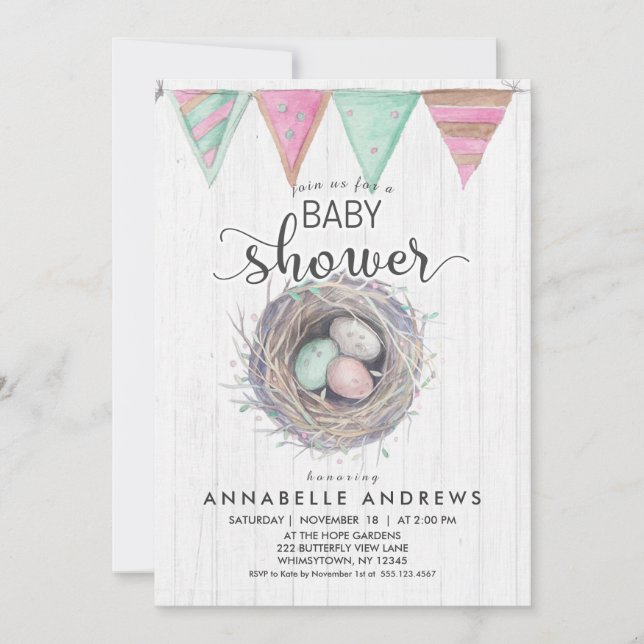 Invitación de Baby Shower Rustic Wood & Bird Nest (Anverso)