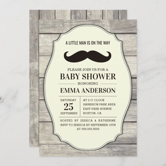 Invitación de Baby Shower Rustic Wood Boy - Mustac (Anverso / Reverso)