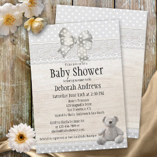Invitación de Baby Shower Rustic Wood Lace Teddy B