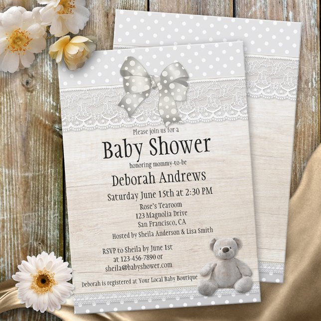 Invitación de Baby Shower Rustic Wood Lace Teddy B (Subido por el creador)