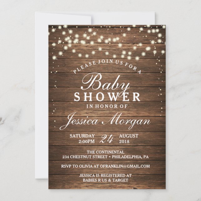 Invitación de Baby Shower Rustic Wood & Lights (Anverso)