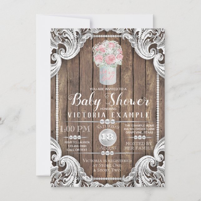 Invitación de Baby Shower Rustic Wood Mason Jar Pe (Anverso)
