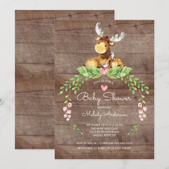 Invitación de Baby Shower Rustic Woodland Moose (Anverso / Reverso)