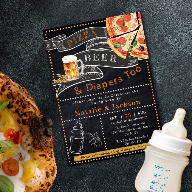 Invitación de Baby Shower Rústica a la cerveza Piz (Rustic Pizza Beer & Diapers Baby Shower Invitation)