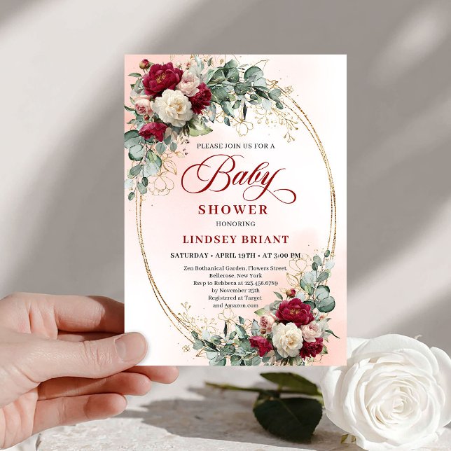 Invitación de Baby Shower Rústica Borgoña Peonía D (Rustic Burgundy Peony Gold Baby Shower Invite)