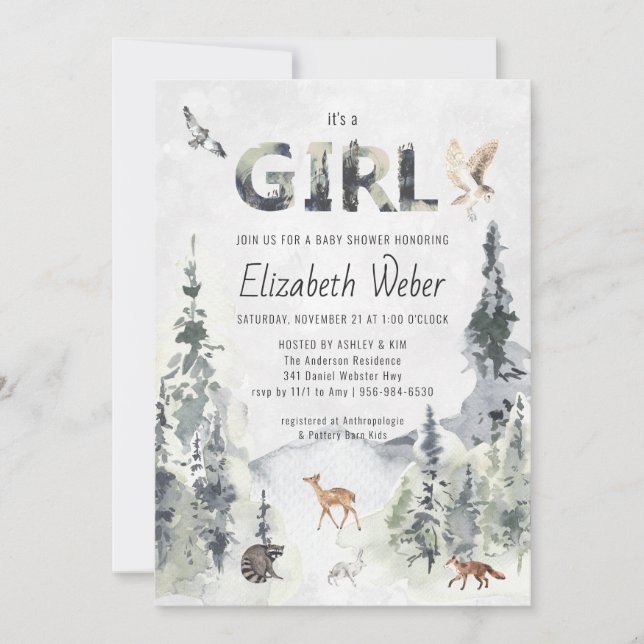 Invitación de baby shower rústica de bosque (Anverso)