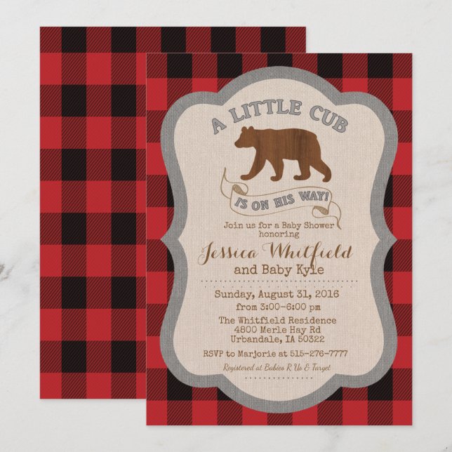 Invitación de Baby Shower Rústica de Oso (Anverso / Reverso)