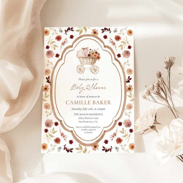 Invitación de baby shower rústica de otoño con flo (Rustic Watercolor Fall Floral Baby Shower Invitation )