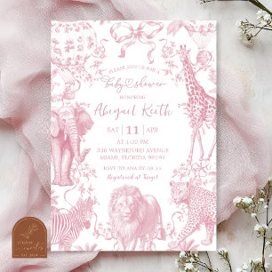 Invitación de baby shower safari todo rosa toile