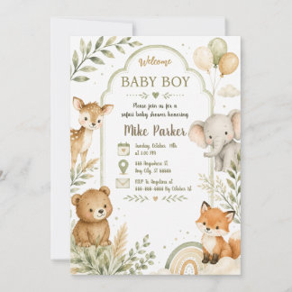 Invitación de baby shower safari verde neutral