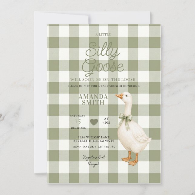 Invitación de baby shower Sage Gingham Silly Goose (Anverso)