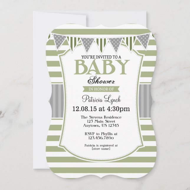 Invitación de Baby Shower Sage Olive Gray Stripes (Anverso)