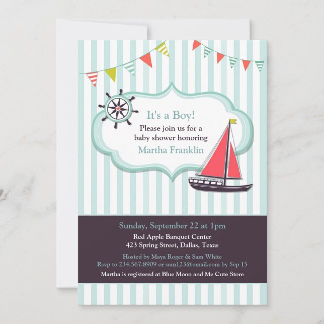 Invitación de Baby Shower Sailing Boat Boy (Anverso)