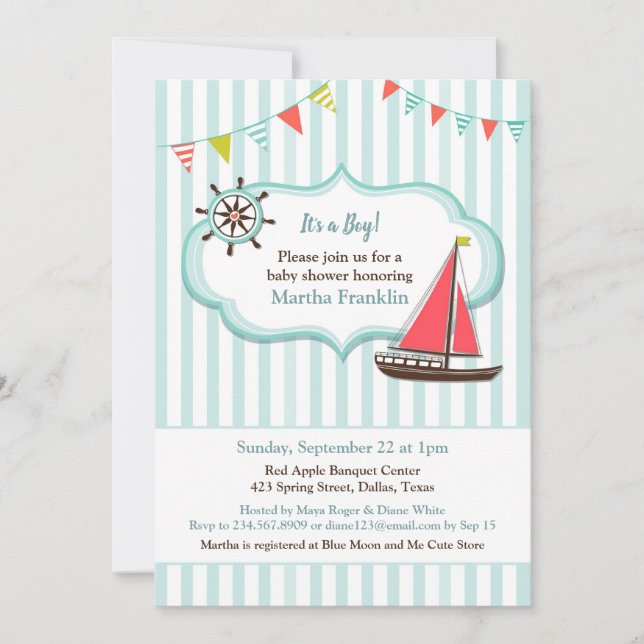 Invitación de Baby Shower Sailing Boat Boy (Anverso)