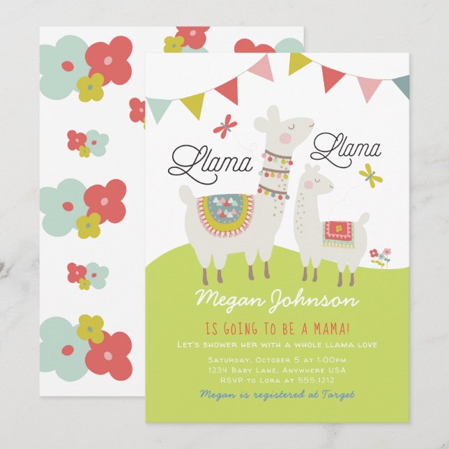 Invitación de Baby Shower Scandi Boho Llama (Anverso / Reverso)