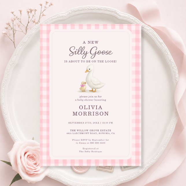Invitación de Baby Shower Silly Goose Pink Gingham (Subido por el creador)