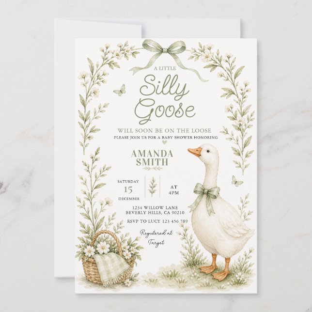 Invitación de Baby Shower Silly Goose Verde Sage (Anverso)