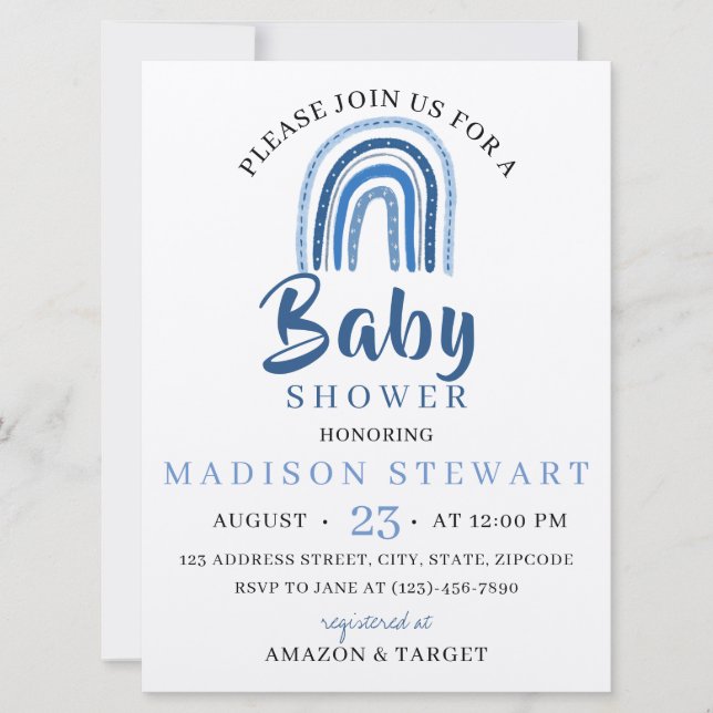 Invitación de Baby Shower sobre el tema del arcoir (Anverso)